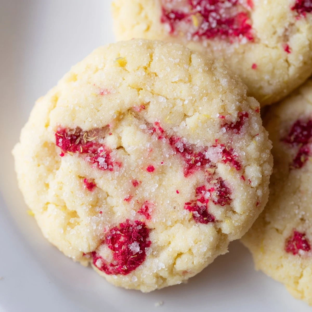 Soft Lemon Raspberry Cookies with golden edges and juicy red berries on a rustic baking sheet