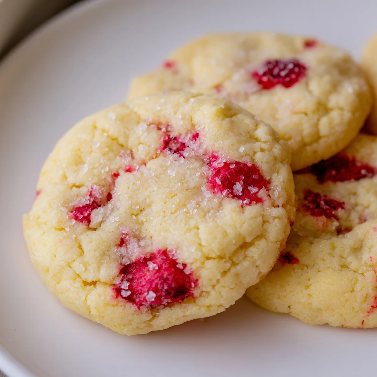 Freshly baked Lemon Raspberry Cookies arranged on a white plate with powdered sugar dusting