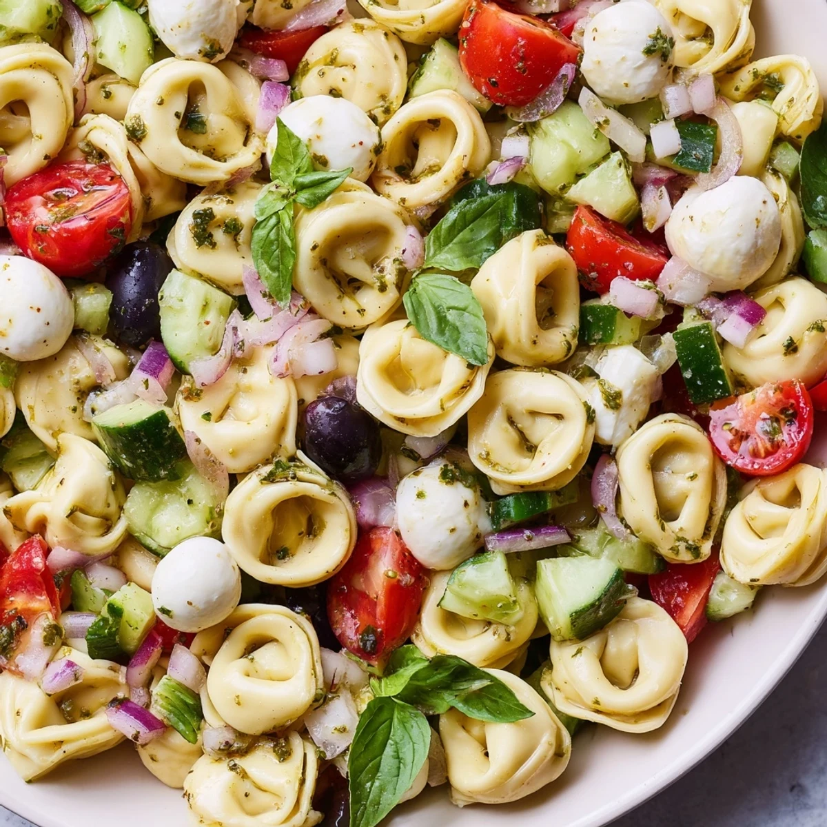 Colorful tortellini pasta salad in a white bowl with cherry tomatoes, cucumber, and Italian dressing