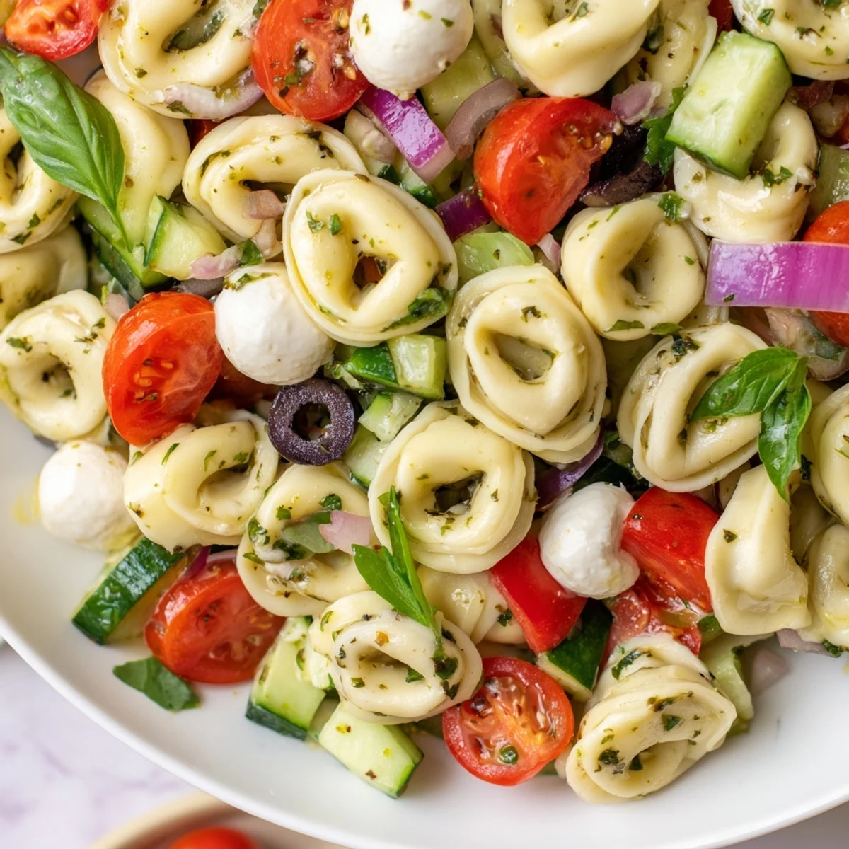 Cheese tortellini pasta salad tossed with crisp vegetables, mozzarella balls, and fresh basil leaves