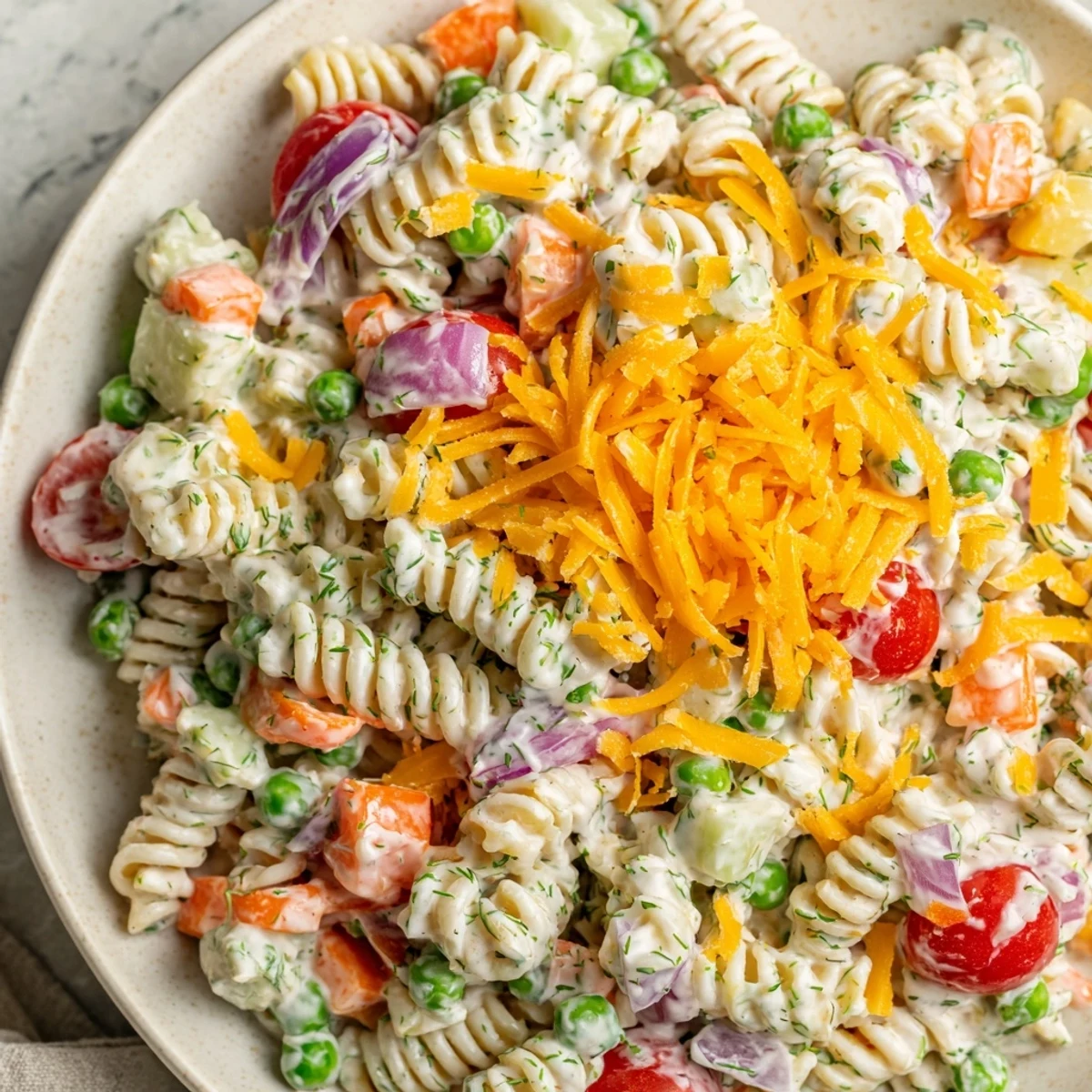 Creamy ranch pasta salad loaded with colorful crisp vegetables in a tangy herb dressing