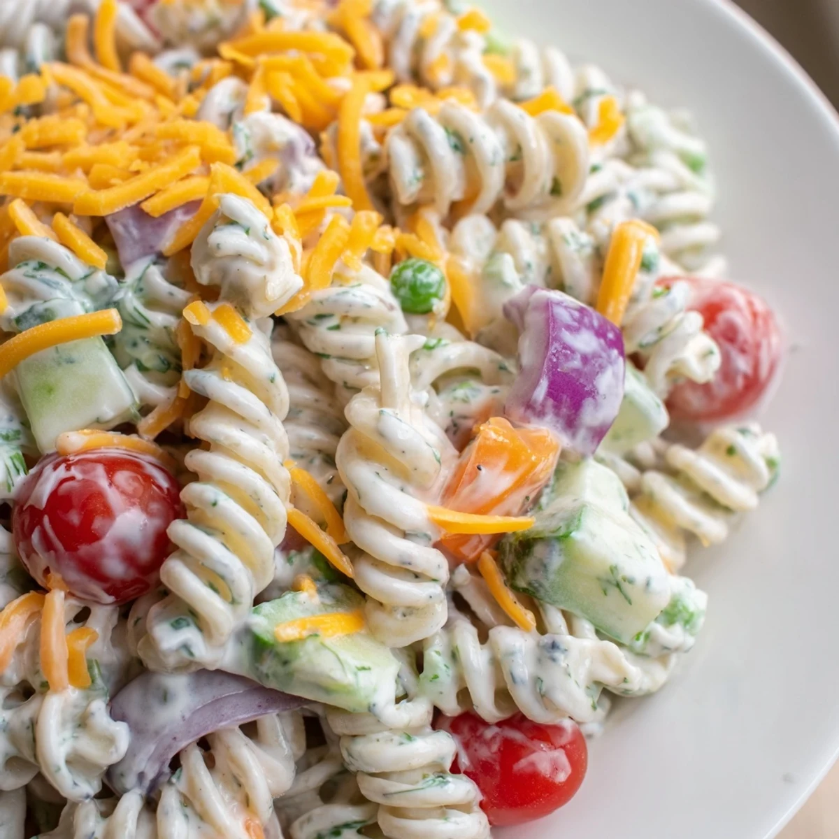 Chilled creamy ranch pasta salad featuring rotini tomatoes cucumber and peas in bowl