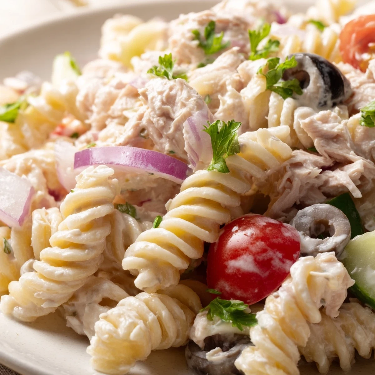 Creamy tuna pasta salad in a serving bowl with crisp vegetables and fresh herbs