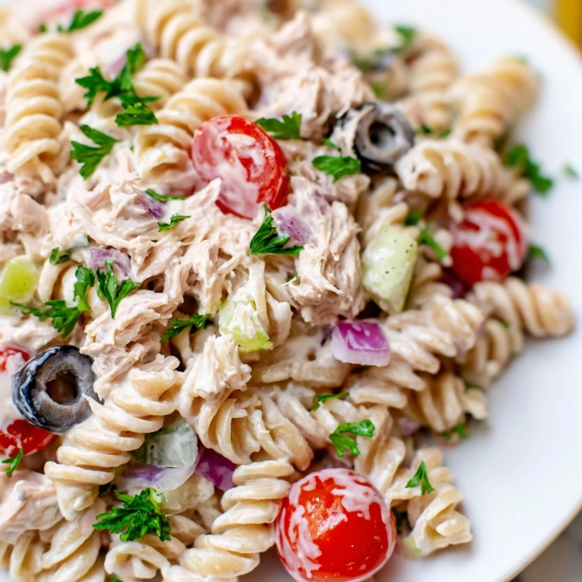 Tuna pasta salad featuring flaky tuna, colorful vegetables, and tangy dressing ready to serve