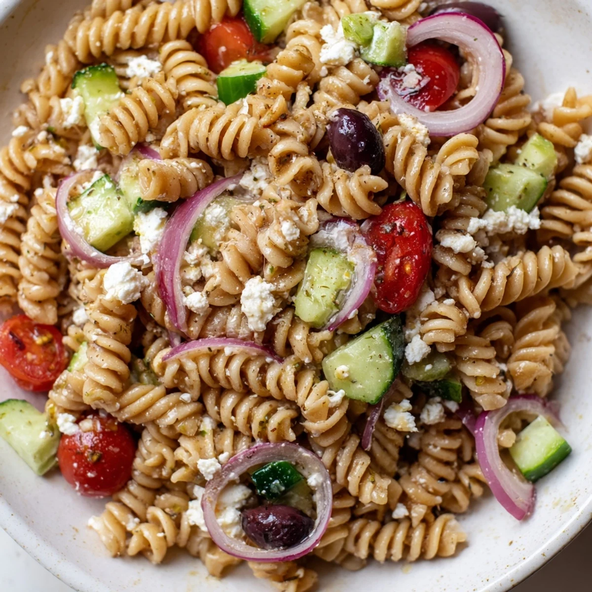 Greek pasta salad in a white bowl with cucumber, tomatoes, olives, and crumbled feta cheese