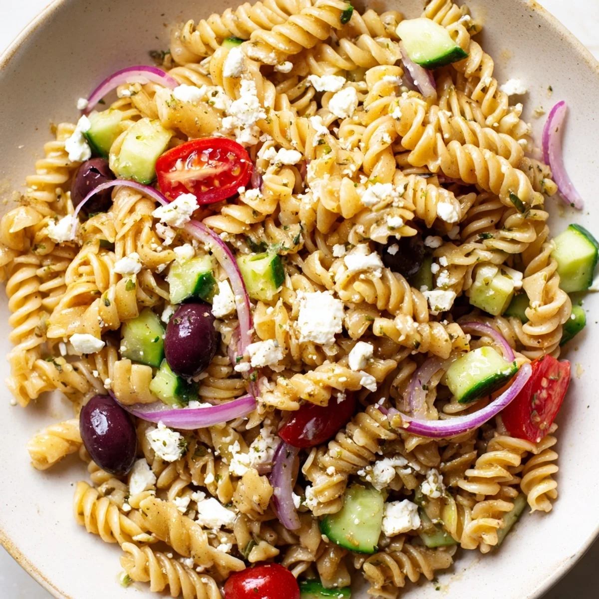 Colorful Greek pasta salad featuring crisp vegetables, tangy feta, and zesty herb dressing