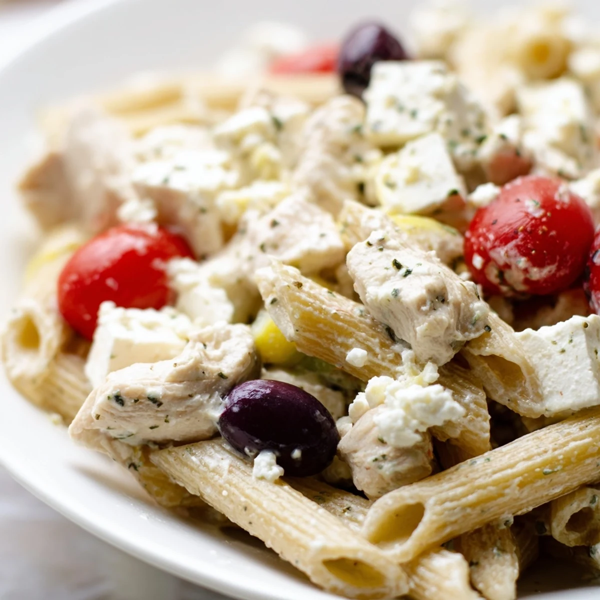 High Protein Greek Pasta Salad in a white bowl with cucumber, tomatoes, and feta cheese