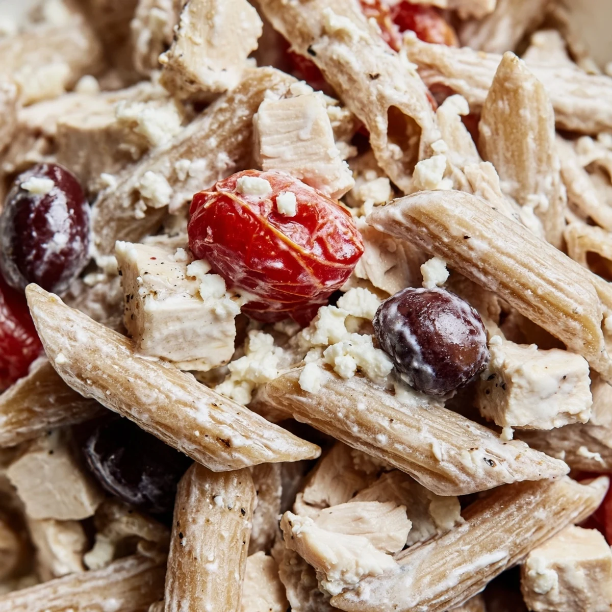 Colorful High Protein Greek Pasta Salad topped with Kalamata olives and fresh herbs