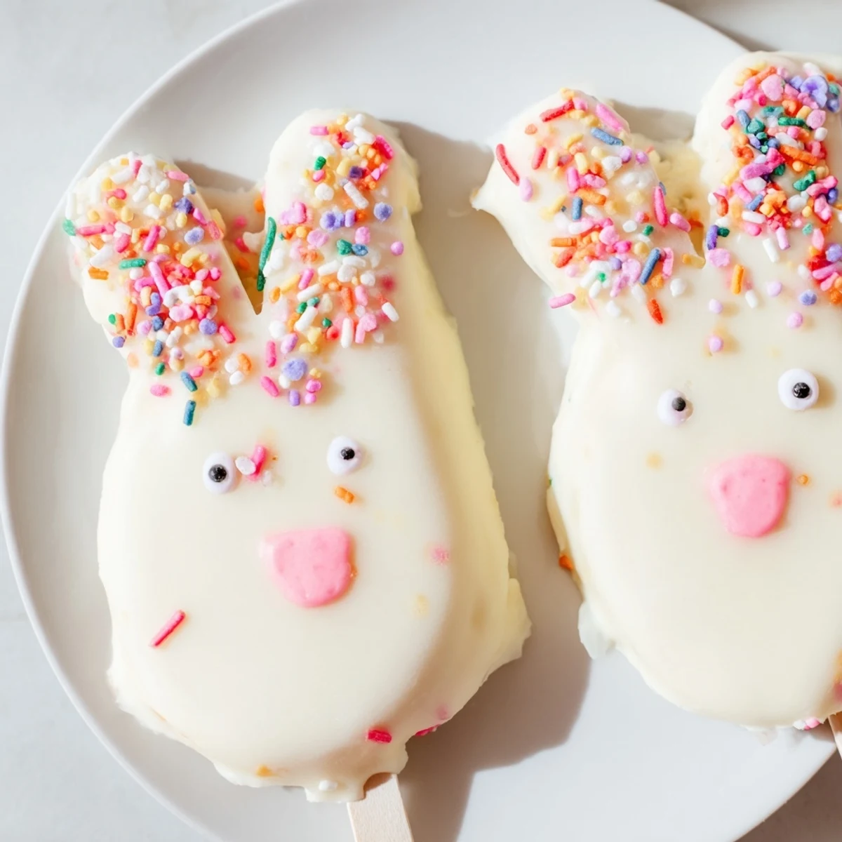 Adorable white chocolate bunny cakesicles decorated with candy eyes and pink ears for Easter