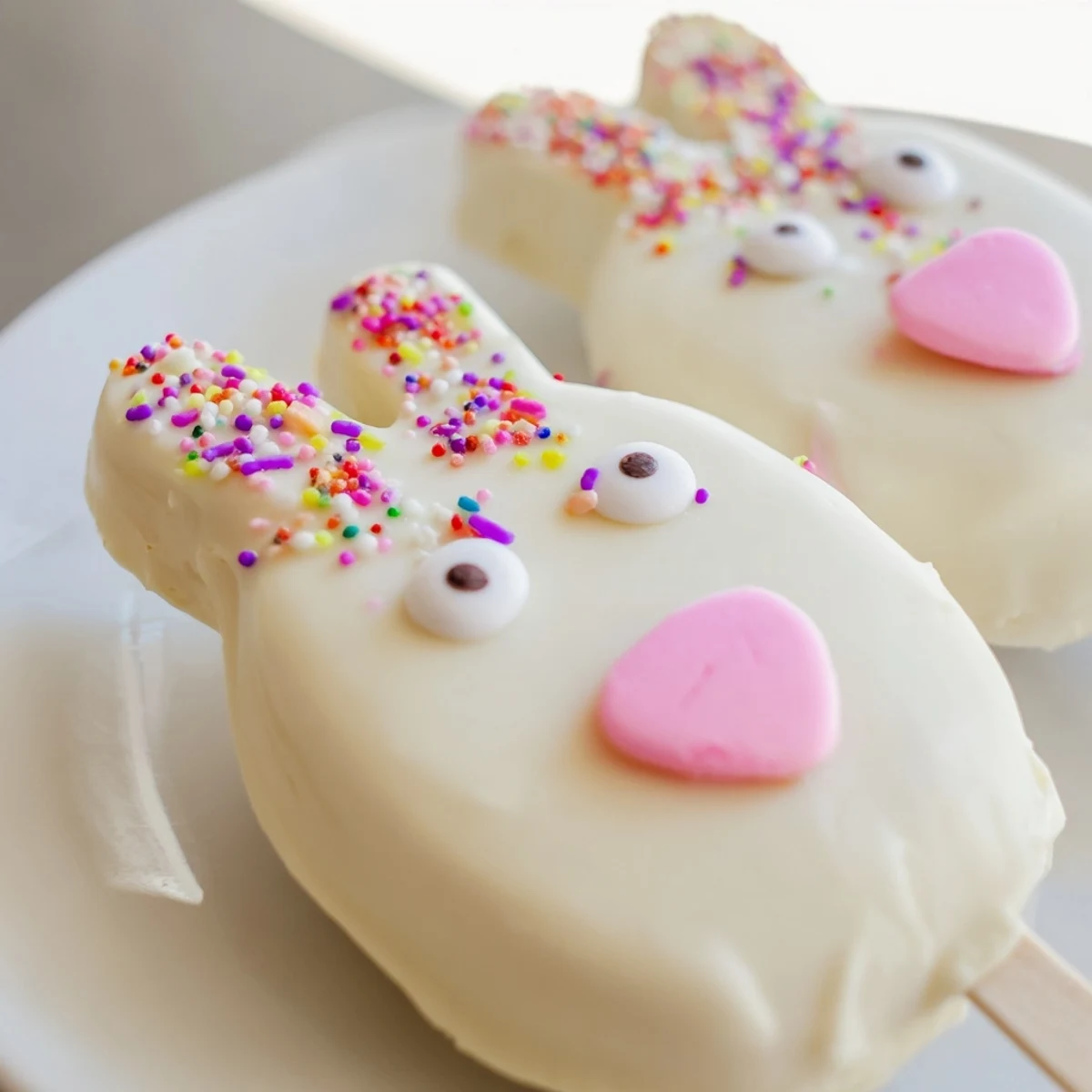 Creamy white chocolate bunny cakesicles on sticks featuring adorable faces and pastel spring decorations