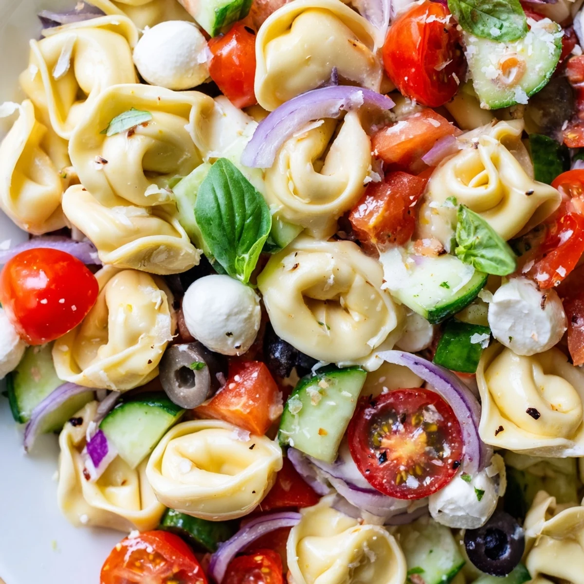 Colorful tortellini salad tossed with cherry tomatoes, cucumber, and zesty Italian dressing in a white bowl