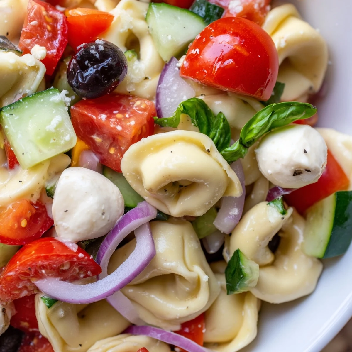 Creamy cheese tortellini salad glistening with herb dressing, mixed with crisp vegetables and fresh mozzarella