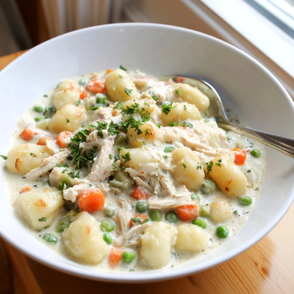 Creamy one pot gnocchi chicken pot pie in a rustic skillet with tender vegetables and golden sauce