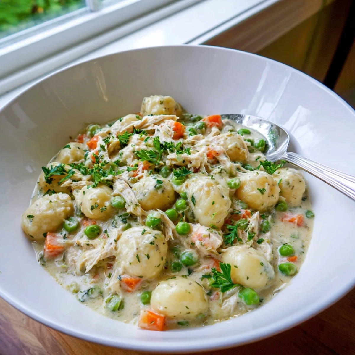 One pot gnocchi chicken pot pie topped with fresh parsley in a bubbling creamy sauce