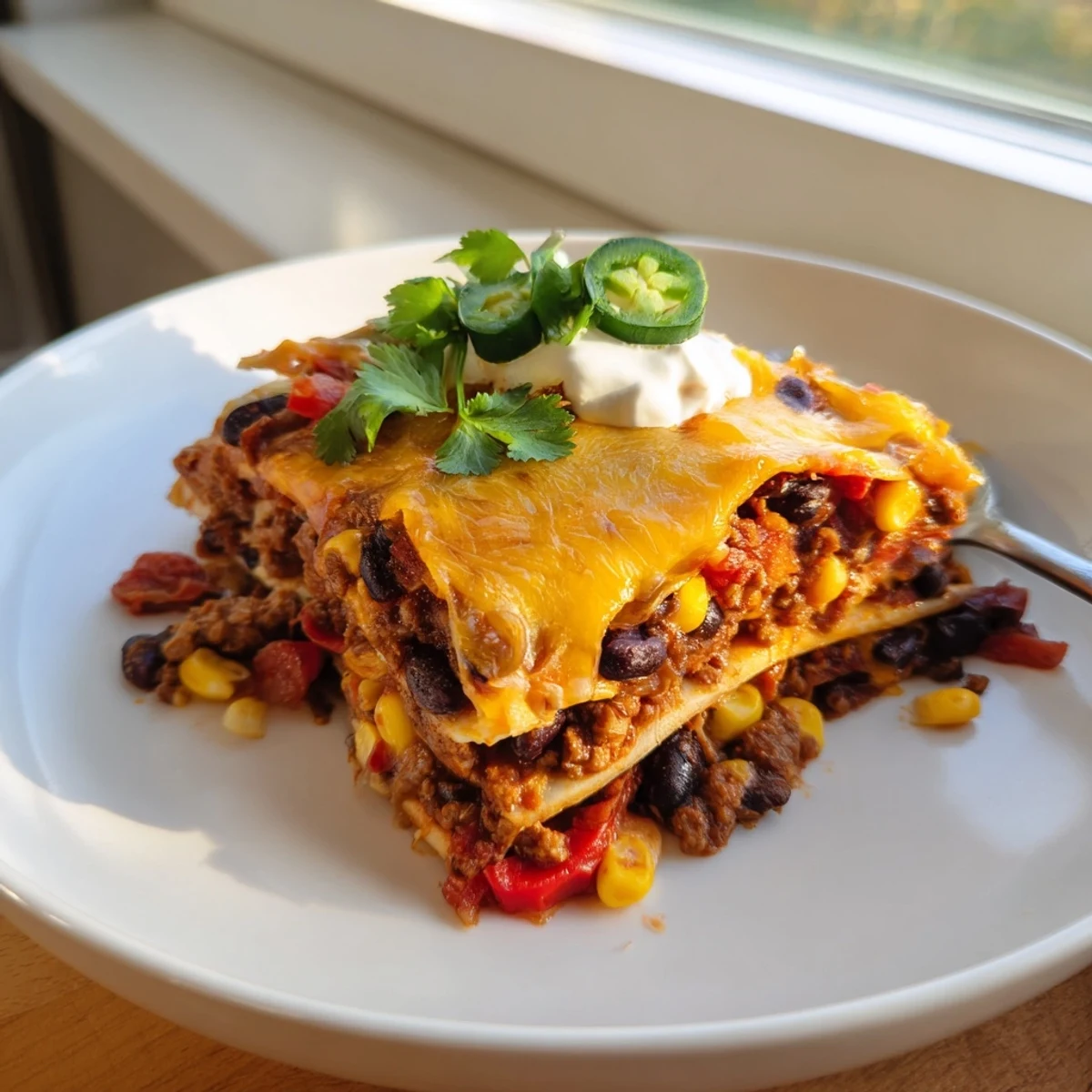 Golden melted cheese tops this Mexican lasagna with layers of seasoned beef and beans
