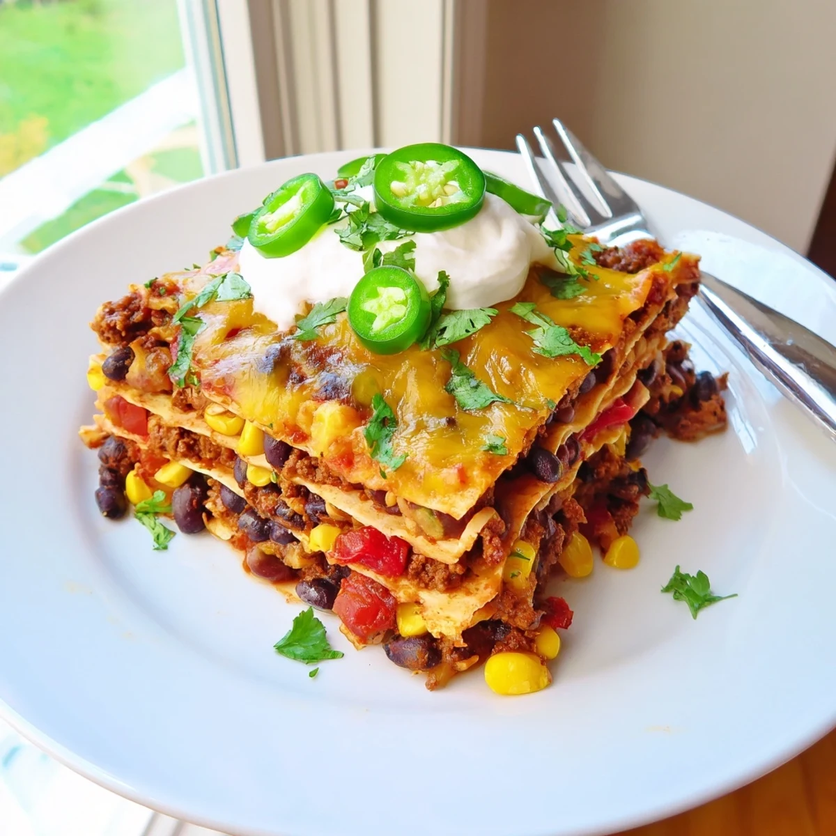 Steaming Mexican lasagna fresh from oven with bubbly cheese and colorful pepper filling
