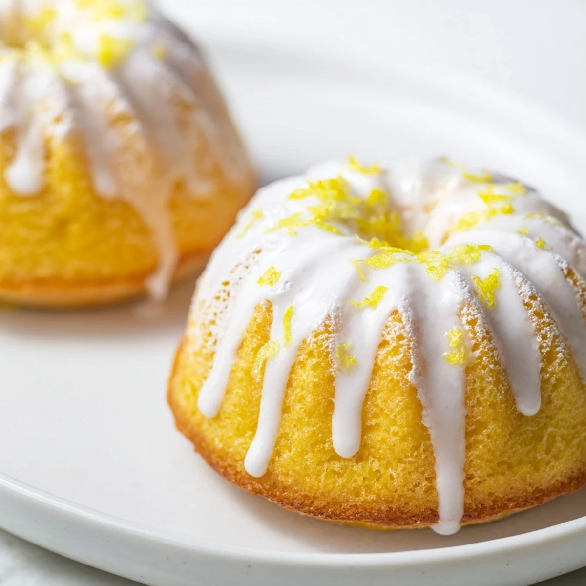 Golden mini lemon cakes drizzled with glossy glaze on a white serving plate