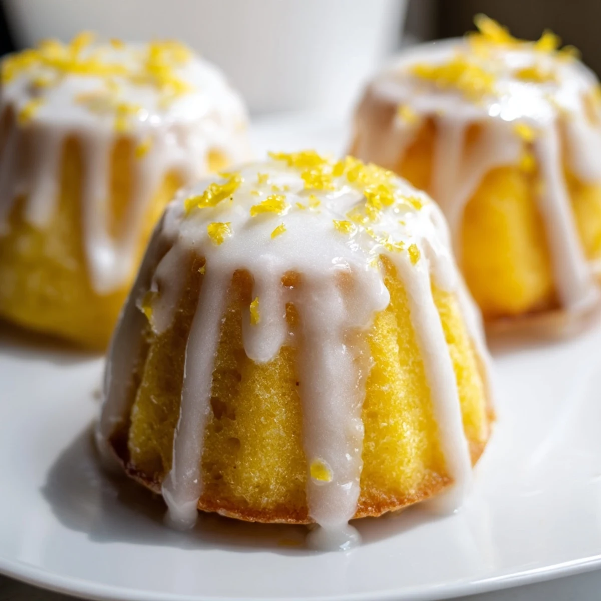 Moist mini lemon cakes topped with tangy citrus icing ready for serving
