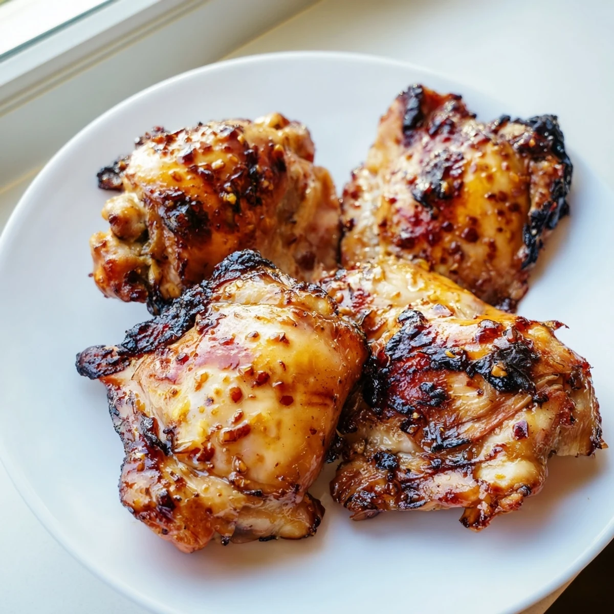 Golden crispy chicken thighs glazed with killer chicken thigh marinade fresh off the grill
