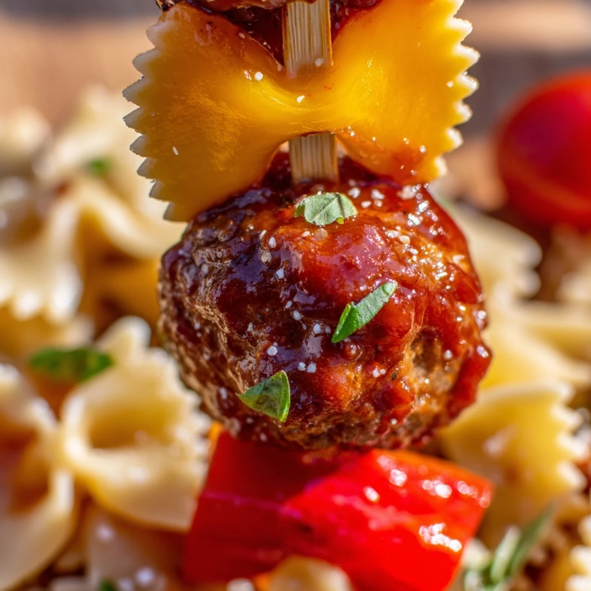 Colorful bowtie pasta and cocktail meatball skewers arranged on a white platter with fresh basil garnish