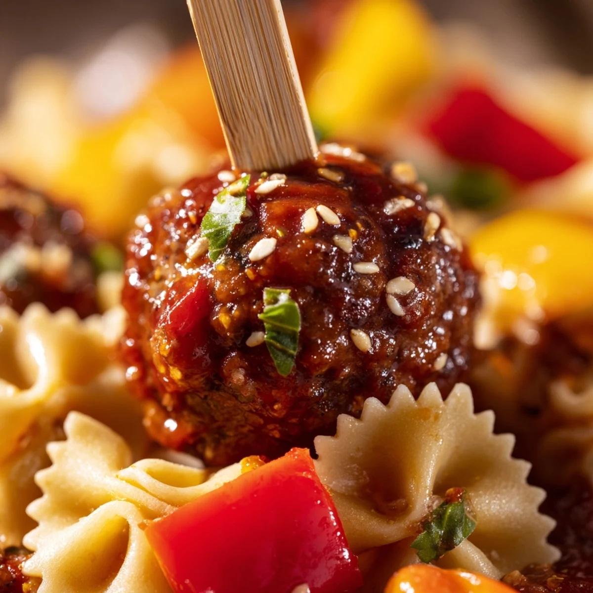 Juicy cocktail meatballs alternated with bowtie pasta and crisp bell peppers on wooden skewers