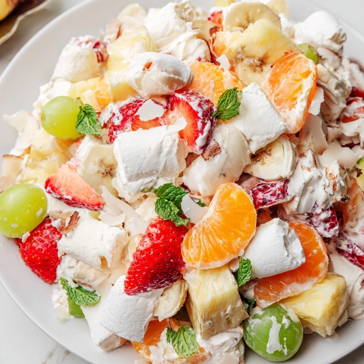 Creamy Hawaiian Cheesecake Salad loaded with fresh pineapple, strawberries, and mandarin oranges