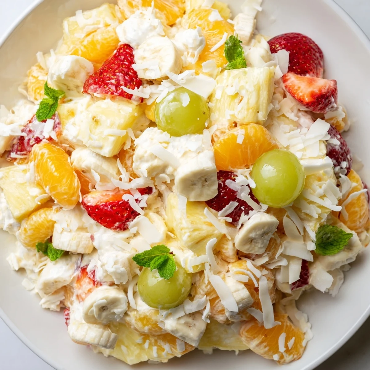 Hawaiian Cheesecake Salad in a bowl topped with toasted coconut and mint