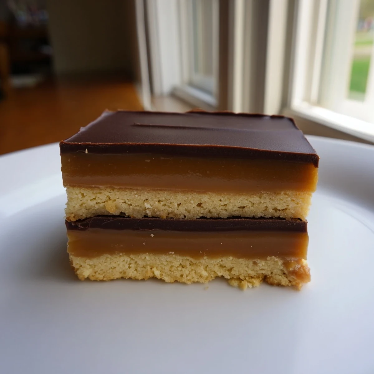 Golden Healthy Twix Bars with glossy chocolate topping on a rustic wooden cutting board ready to slice