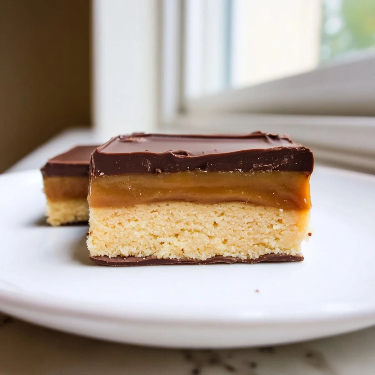 Silky date caramel oozes between layers of these no-bake Healthy Twix Bars with dark chocolate