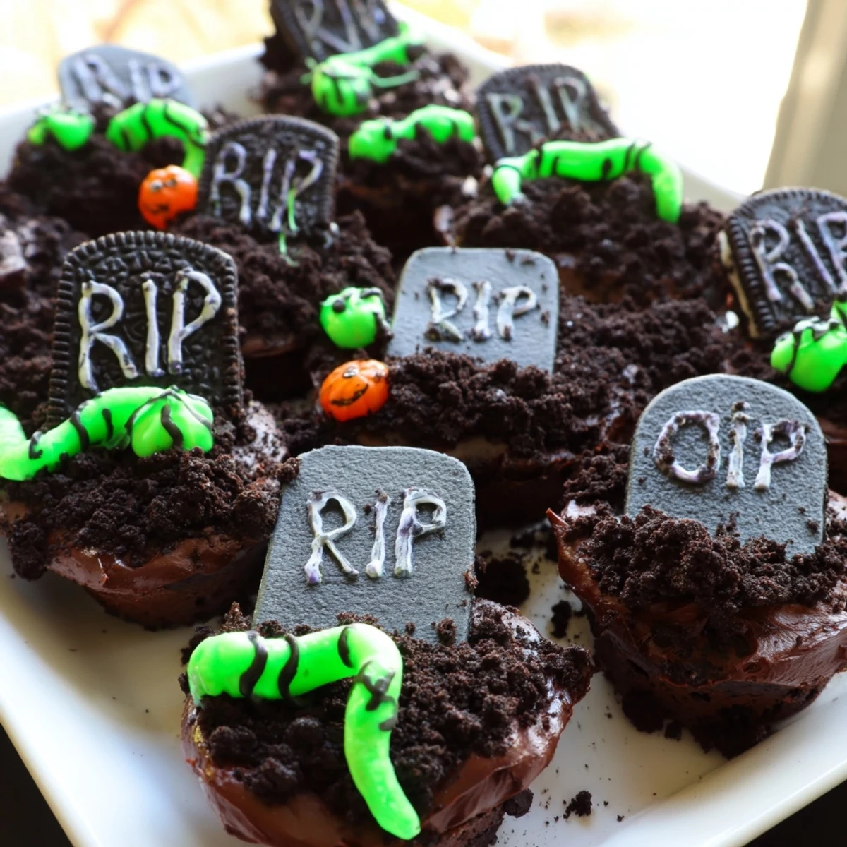 Pull Apart Graveyard Cupcakes topped with chocolate frosting and cookie dirt on a tray