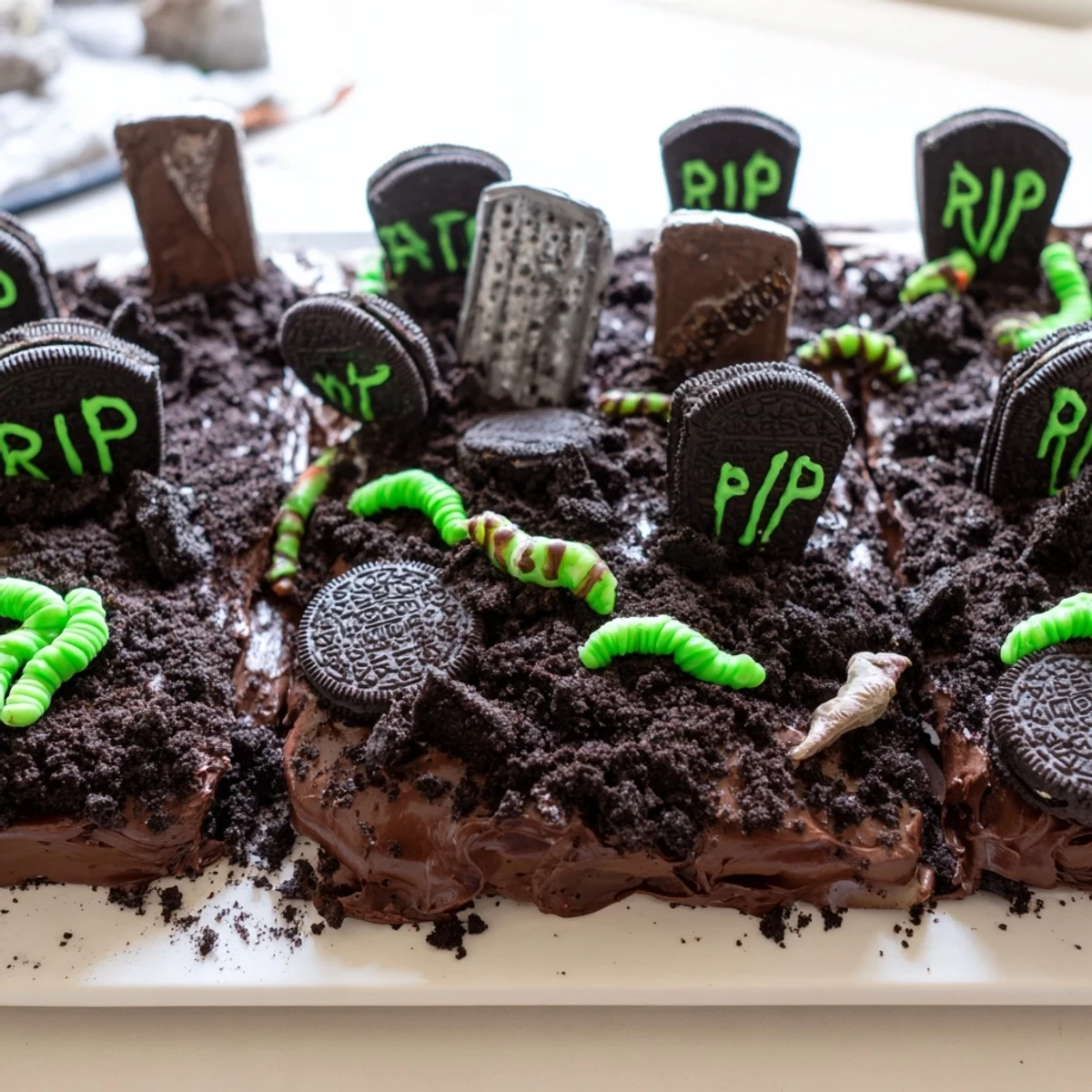 Crushed cookie dirt and gummy worms decorating spooky Pull Apart Graveyard Cupcakes on platter