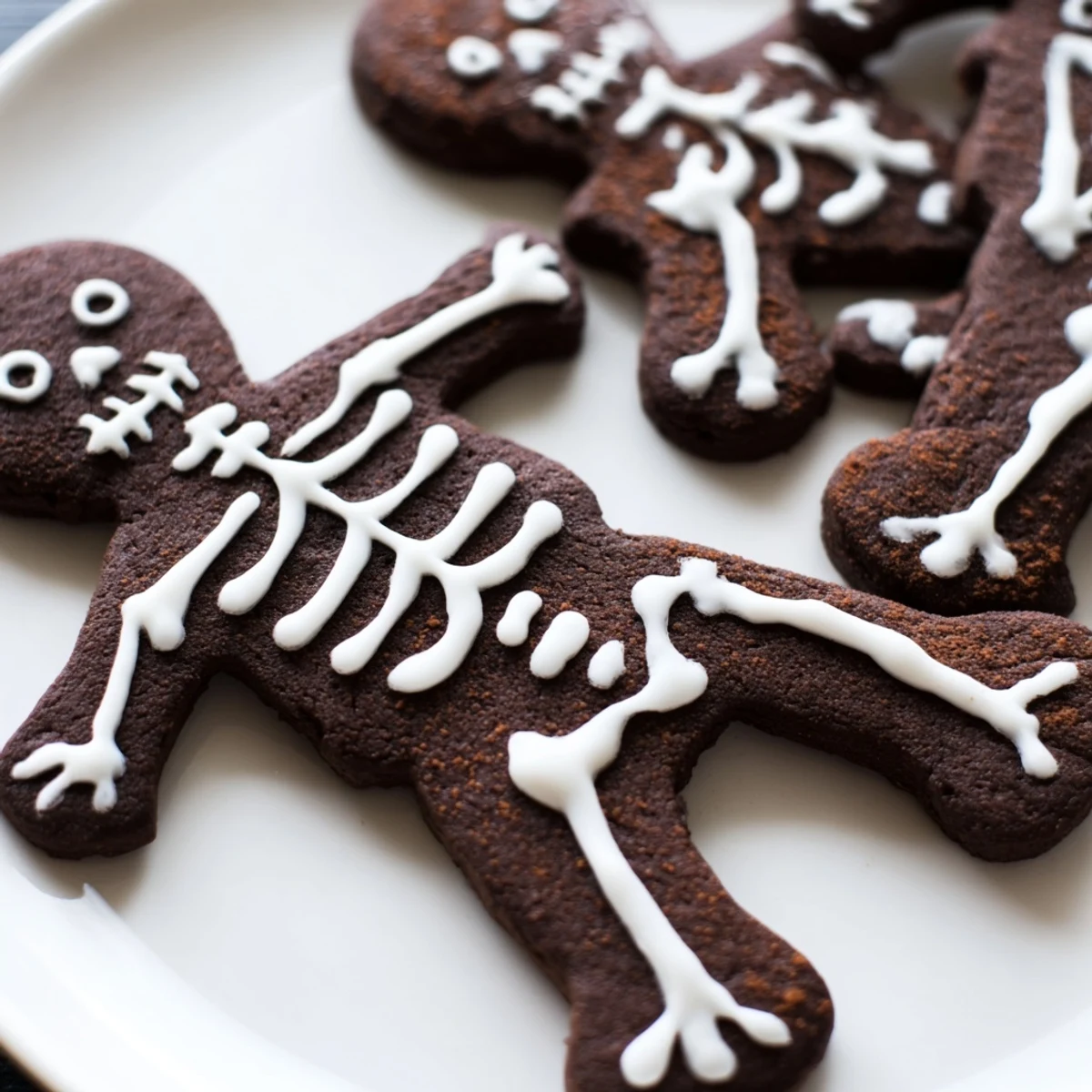 Crisp Chocolate Cinnamon Skeleton Cookies arranged on parchment with intricate icing bone details