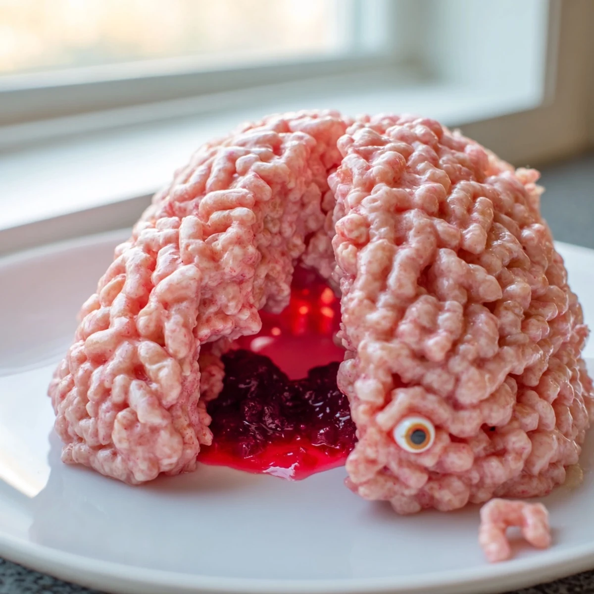 Crunchy spooky stuffed crispy rice cereal brain oozing with bright red berry filling on a party platter