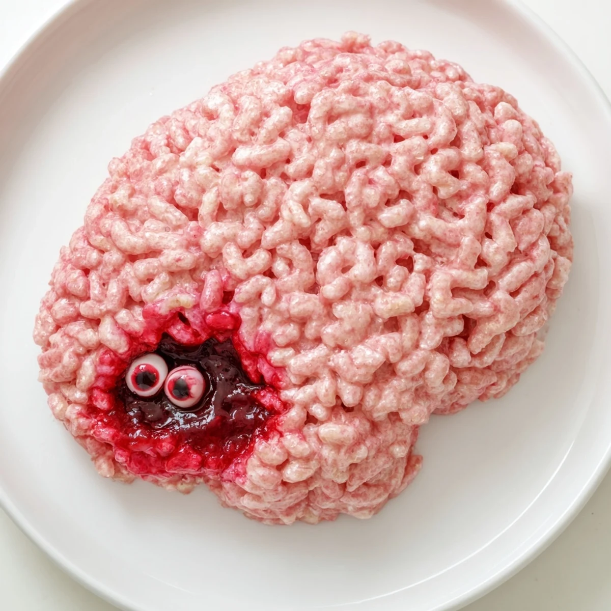Pink spooky stuffed crispy rice cereal brain sliced open to reveal a gooey raspberry jam center