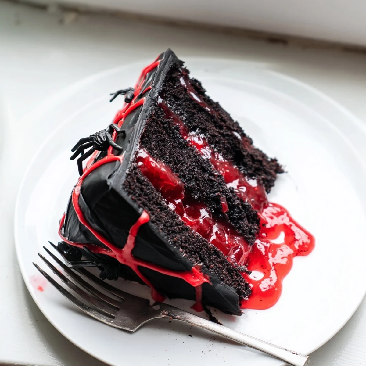 Dark Black Widow Cake with glossy ganache dripping over rich chocolate layers