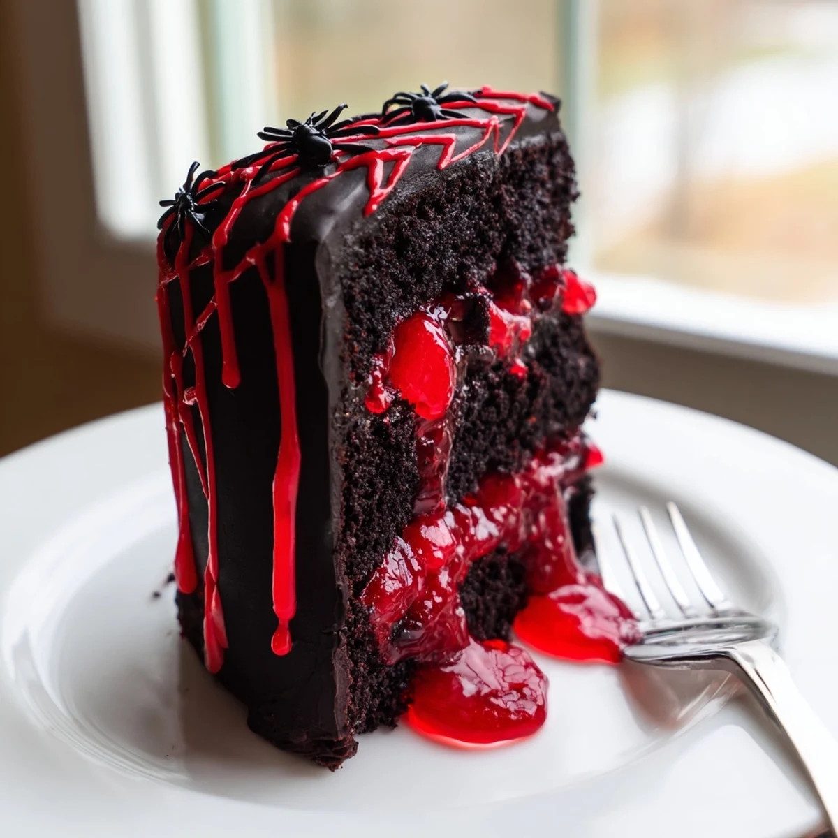 Black Widow Cake sliced open revealing a bright red cherry compote center