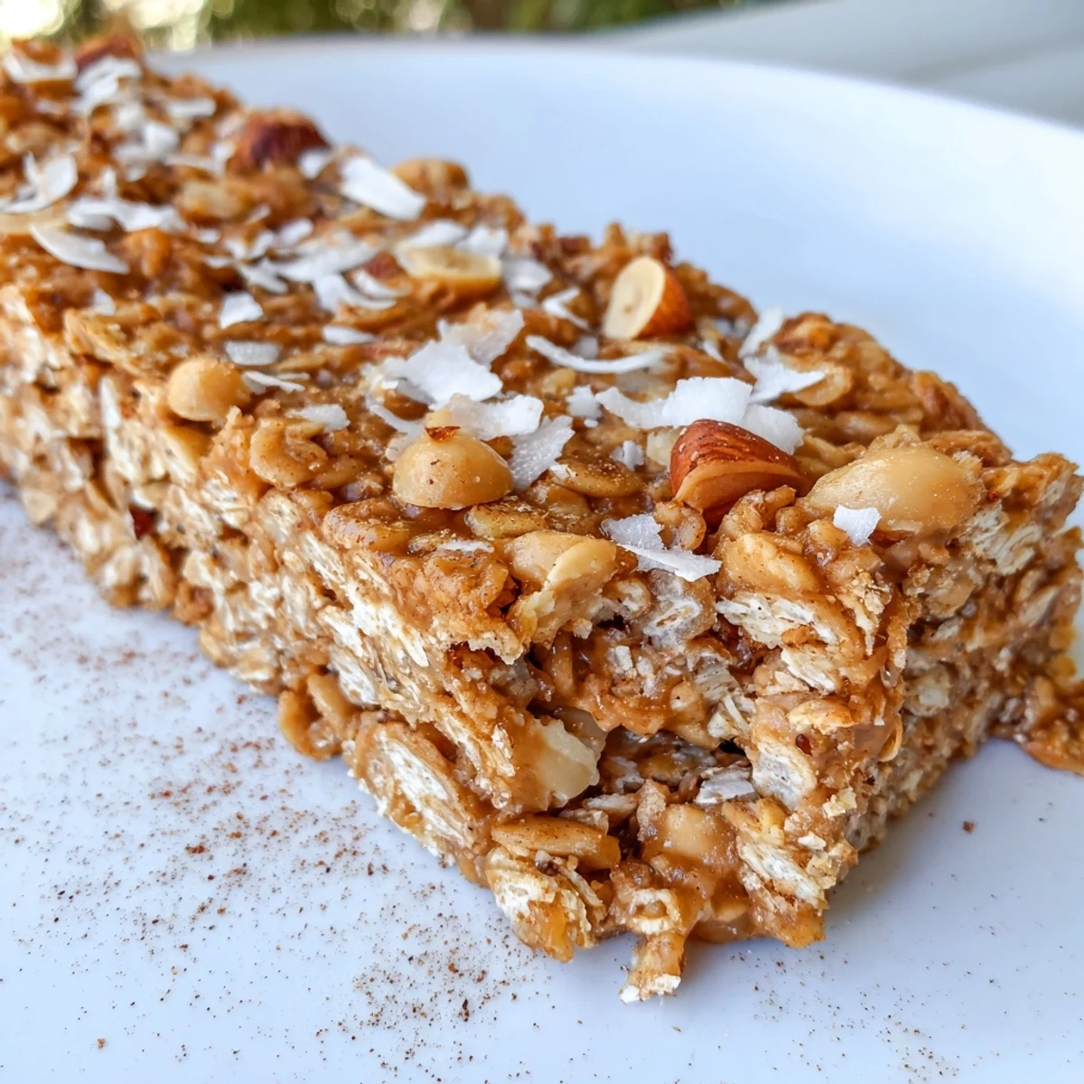 Chewy No Bake Apple Peanut Butter Granola Bars topped with visible oats and dried apple pieces on a rustic cutting board