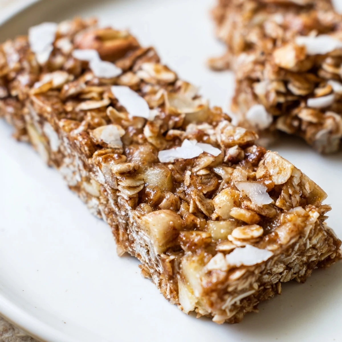 Golden No Bake Apple Peanut Butter Granola Bars studded with crunchy peanuts and sweet dried apple in a close-up overhead shot