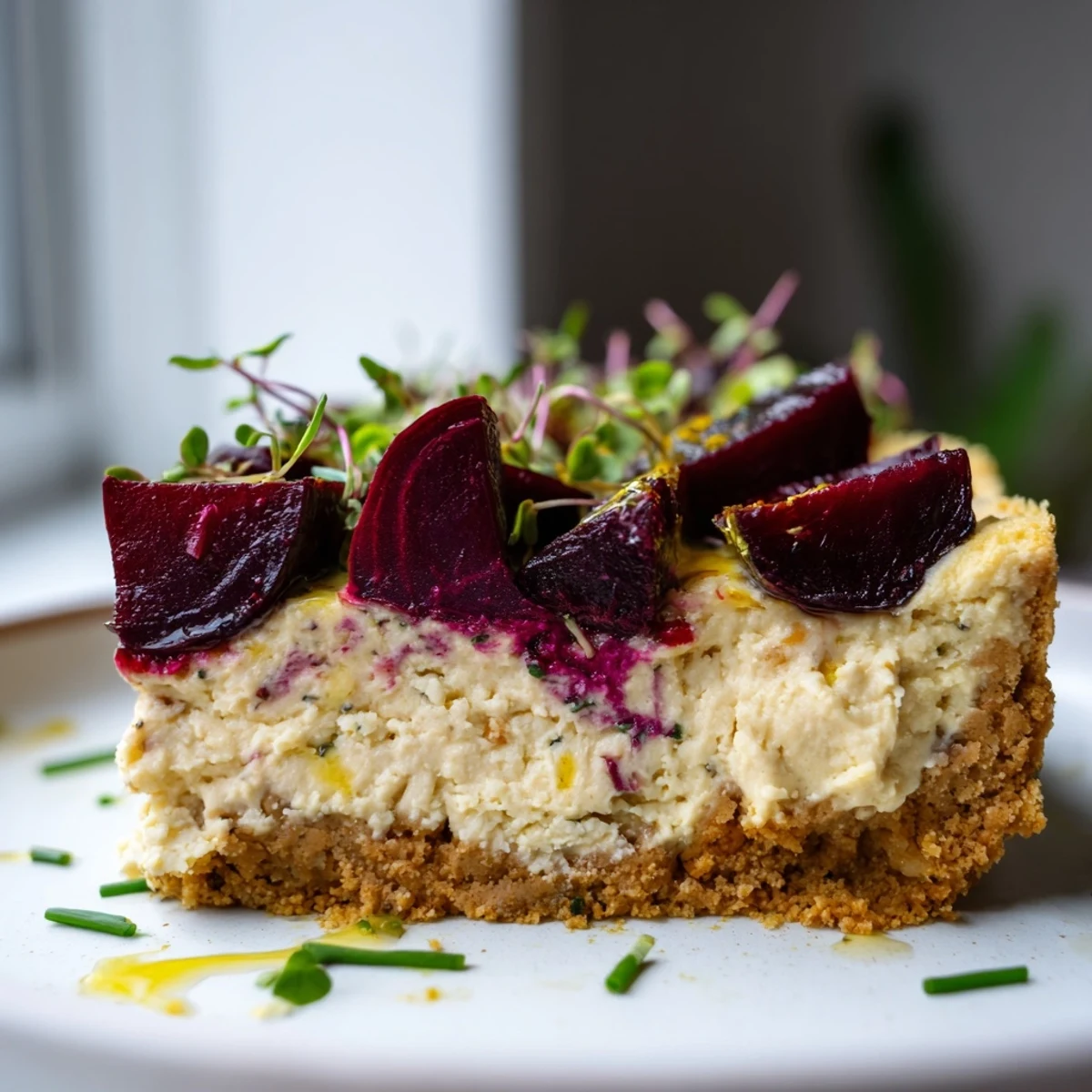 Creamy savoury cheesecake with roasted beetroot garnished with fresh herbs and microgreens