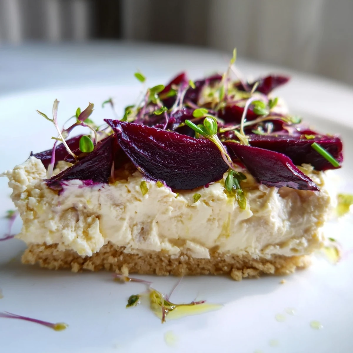 Slice of savoury cheesecake with roasted beetroot on a rustic serving plate with chives