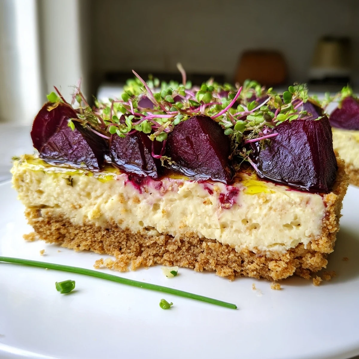 Golden-crusted savoury cheesecake topped with caramelized beetroot wedges and a drizzle of olive oil