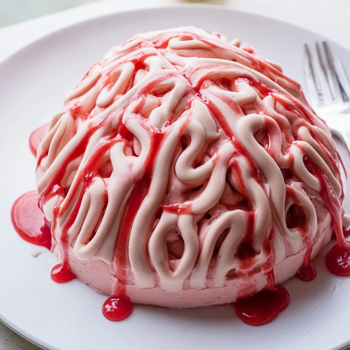 Creepy no bake strawberry cheesecake brain with pink chocolate folds and red berry drizzle