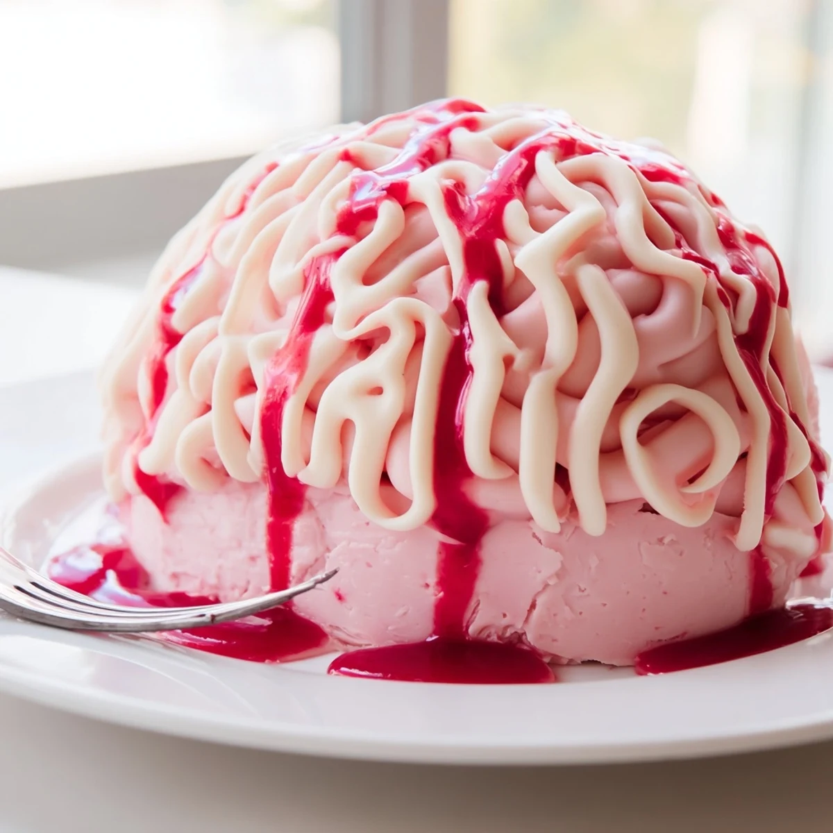 Spooky no bake strawberry cheesecake shaped like a brain on a dark crust
