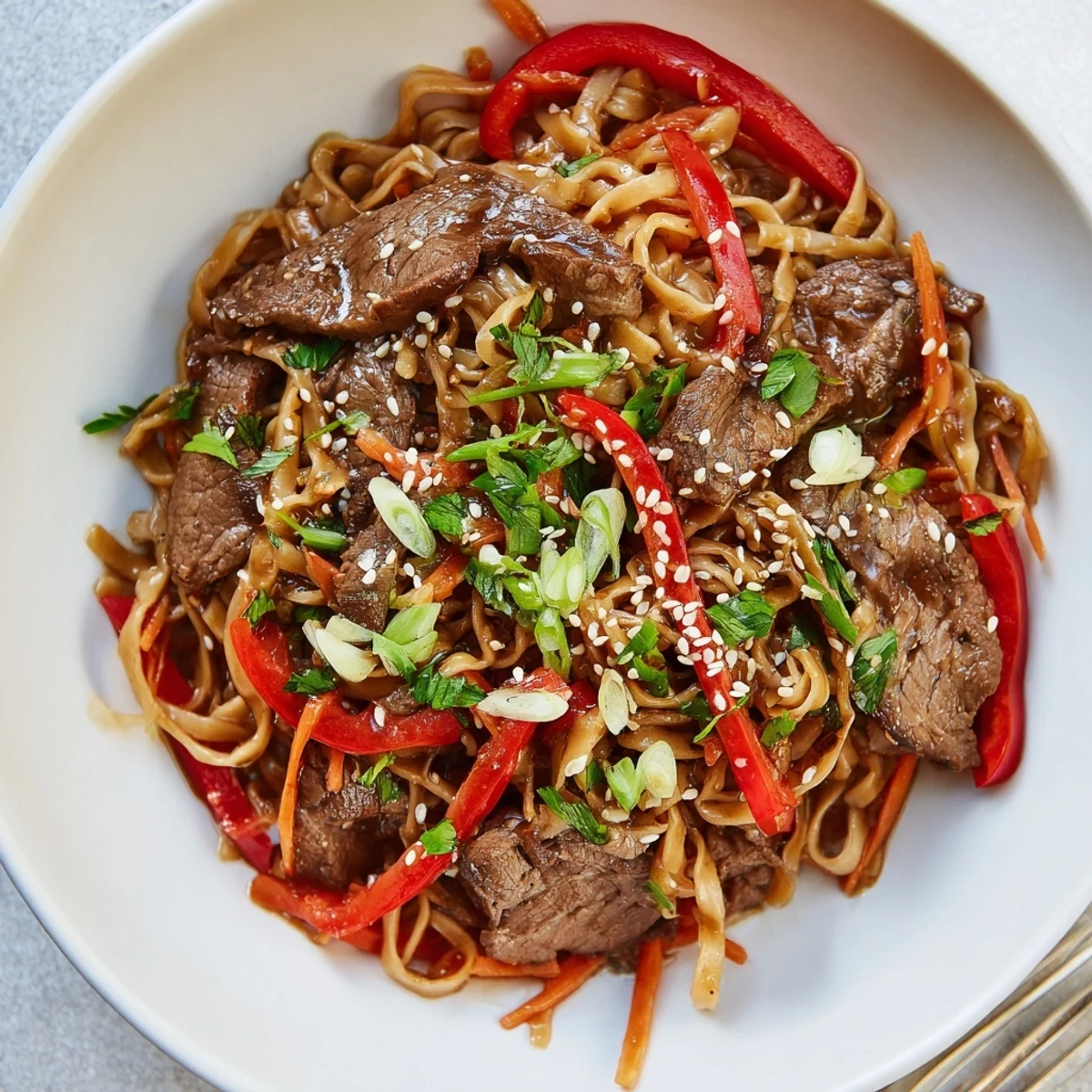 Sticky Beef Noodles glistening with glossy sauce, tender beef and sesame garnish