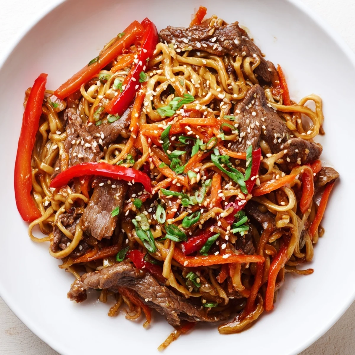 Wok-tossed Sticky Beef Noodles steaming, sweet-savory aroma, topped with scallions