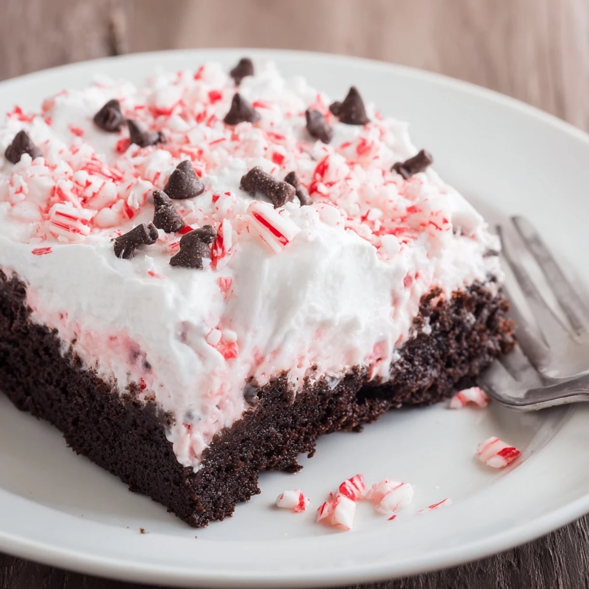 Peppermint Poke Cake showcasing soft chocolate cake with minty pudding filling