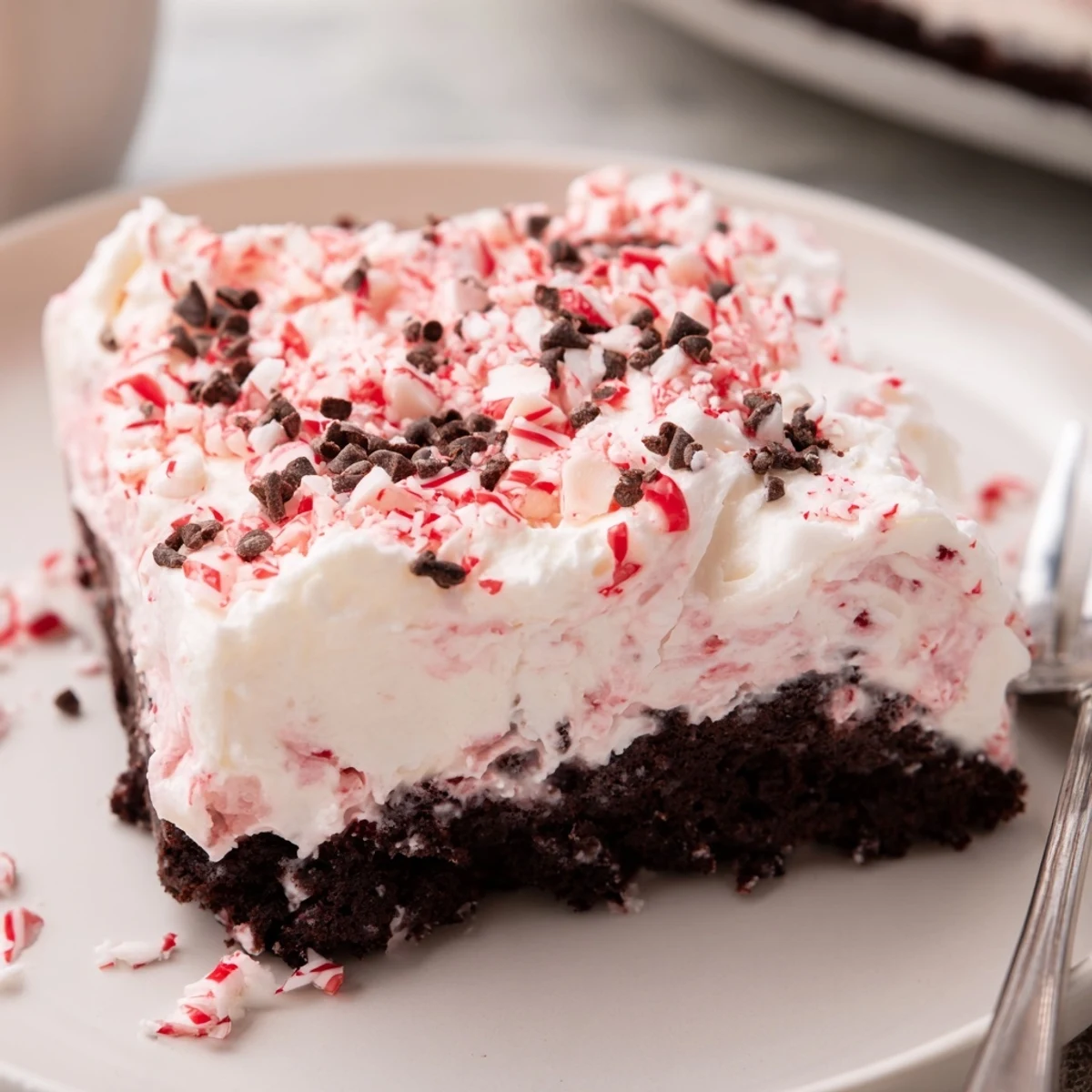 Chilled Peppermint Poke Cake slice topped with whipped cream and crushed peppermint candies