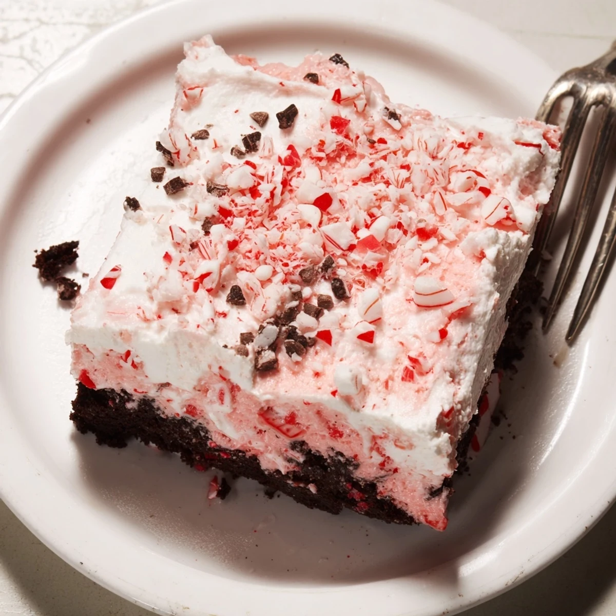 Holiday Peppermint Poke Cake on serving plate, minty aroma and chocolate shavings