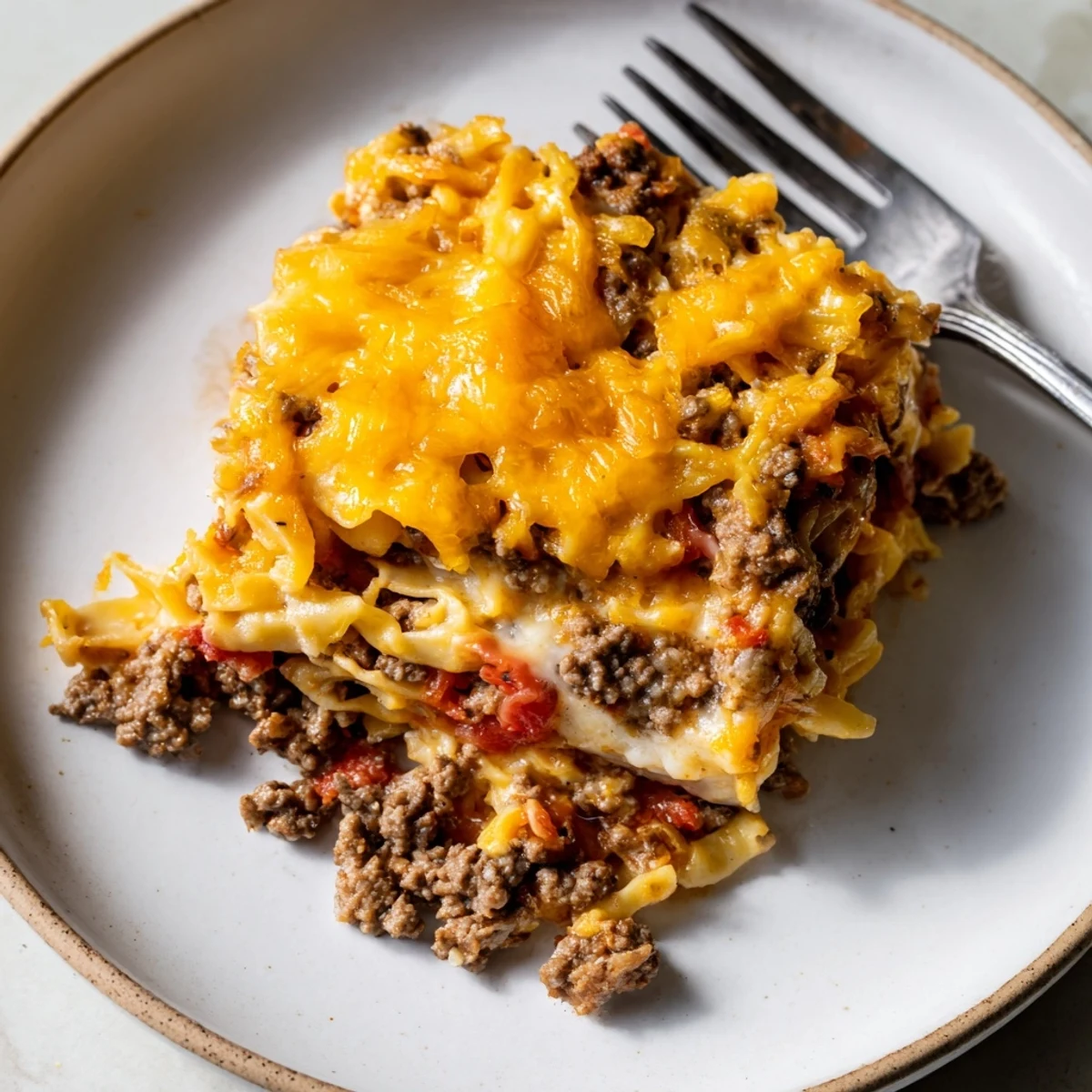 Creamy Beef Lombardi Casserole bubbling golden, served with crusty bread slices