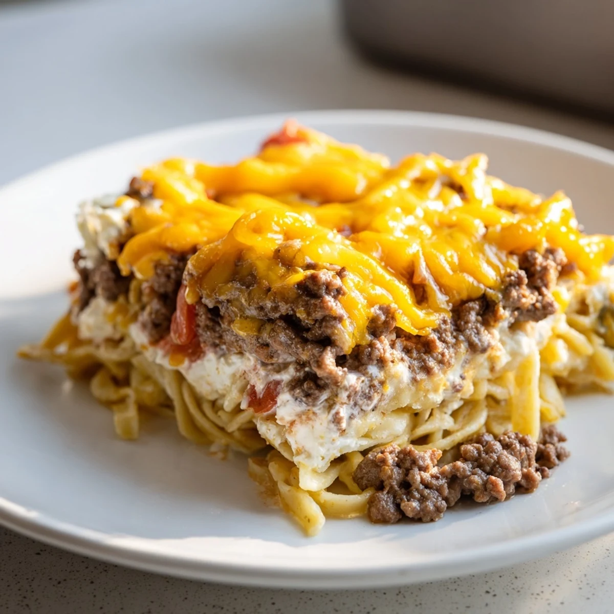 Baked Beef Lombardi Casserole with melted cheddar, garlic aroma, cooling before serving